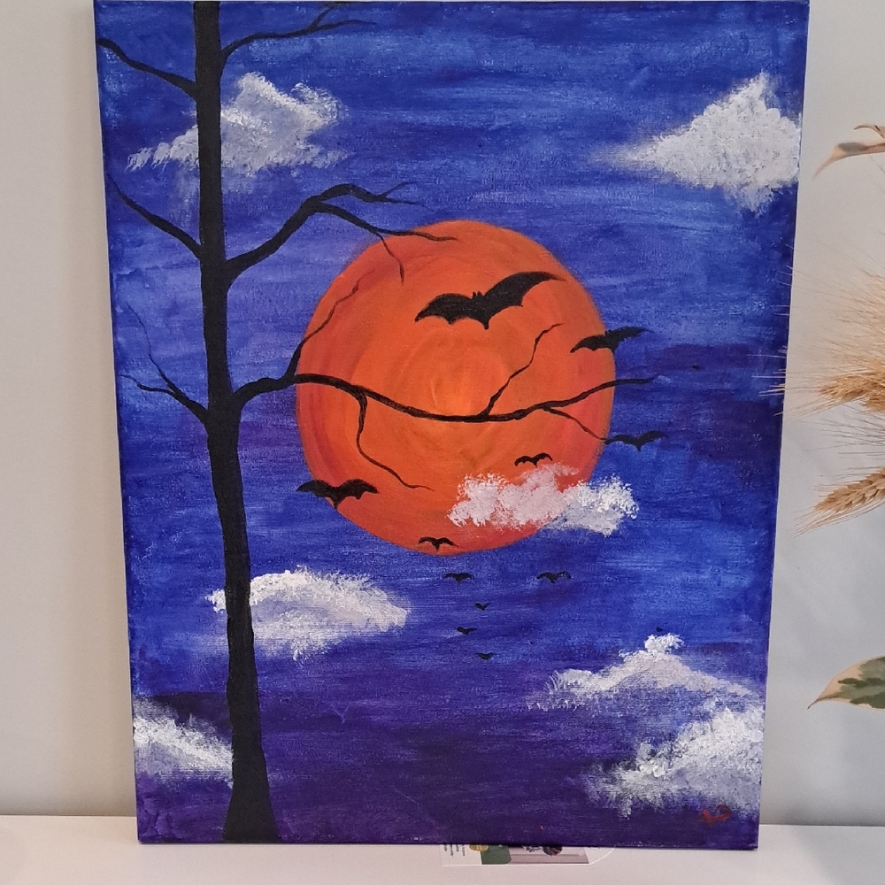 Orange and Blue Halloween Night With Bats Canvas Art